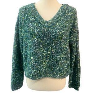 Láyard Green Popcorn Knit V-Neck Sweater Women’s Large Plush Cozy Cropped